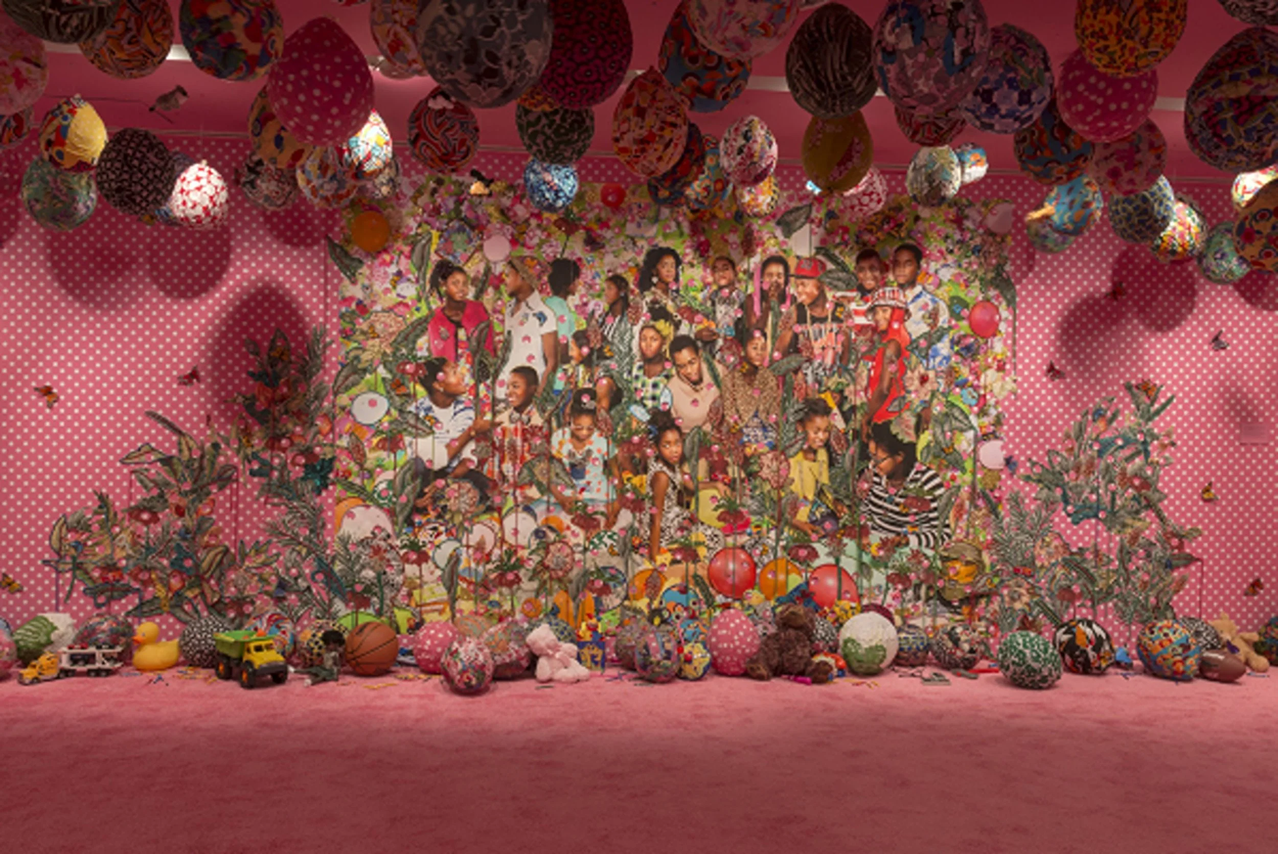Ebony G. Patterson. . . . they were just hanging out . . . you know . . . talking about . . . ( . . . when they grow up . . .), 2016. Beads, appliqués, fabric, glitter, buttons, costume jewelry, trimming, rhinestones, glue, digital prints. The Dean Collection, courtesy of Swizz Beatz and Alicia Keys. © Ebony G. Patterson. Courtesy of the artist, Monique Meloche Gallery, and the Studio Museum in Harlem. (Photo: Adam Reich)