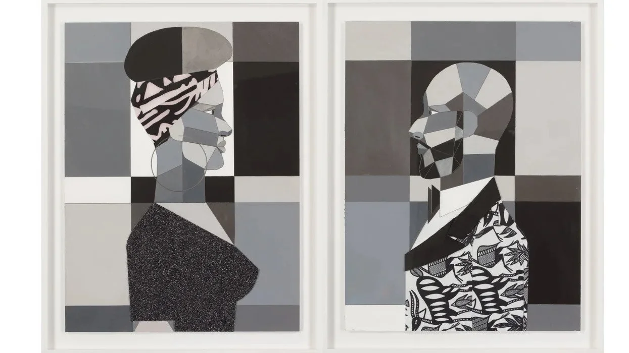  IMAGE: Derrick Adams (born Baltimore, Maryland, 1970). Woman in Grayscale (Alicia) [left] and Man in Grayscale (Swizz) [right], 2017. Giclée print, each 24 × 18 in. (61 × 45.7 cm). The Dean Collection, courtesy of Swizz Beatz and Alicia Keys. © 2023 Derrick Adams Studio. (Photo: Glenn Steigelman) 