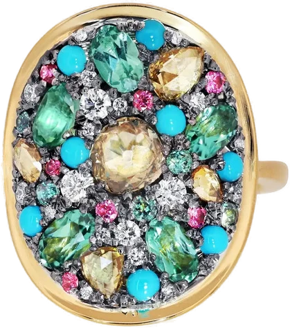 Rose Cut Diamond Mint Tourmaline Turquoise Pink Spinel Alexandrite Pavé Ring